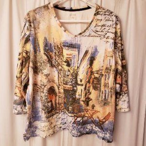 Embellished V-neck 3/4 Sleeve Street Scene Top 3X